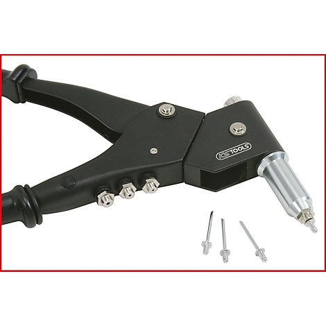 Schwarze Nietzange mit Nietstiften. Aufschrift "KS TOOLS".